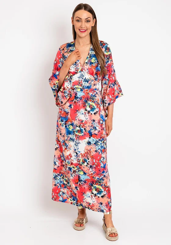 Serafina Collection Satin Floral Print Tie Maxi Dress, Red Pink Elegant Maxi Dress with Belt