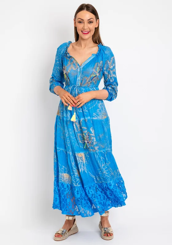 Serafina Collection Bead Flower Maxi Dress, Blue Elegant Silk Maxi Dress