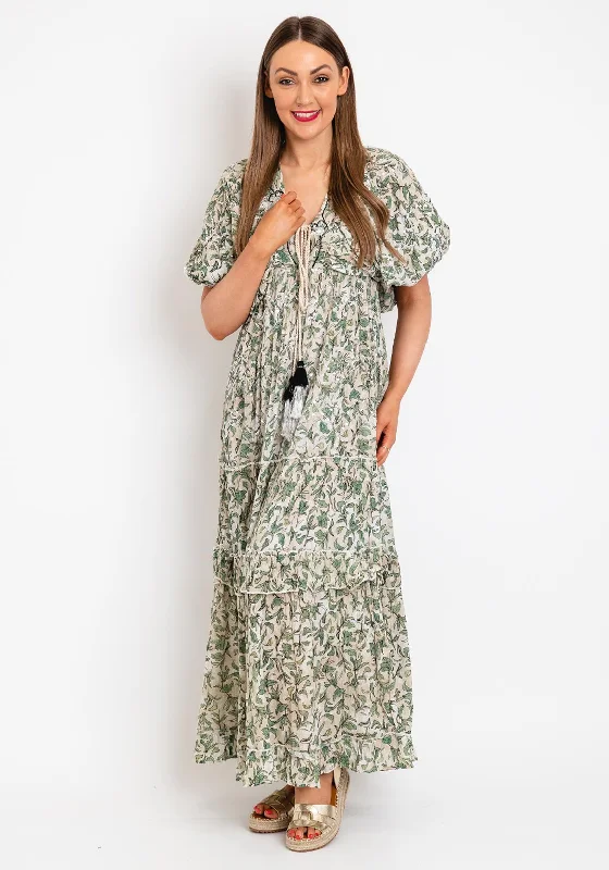 Serafina Collection Sequence Leaf Print Maxi Dress, Green Stylish Long Sleeve Maxi Dress