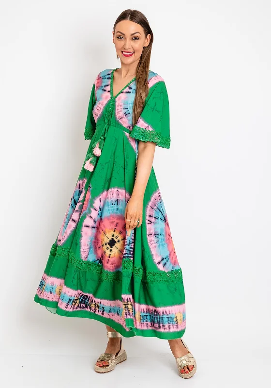 The Serafina Collection Tie Dye Print Maxi Dress, Green Comfortable Maxi Dress with Slits