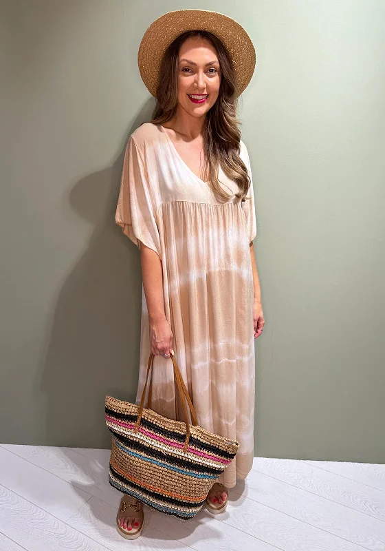 Serafina Collection One Size Tie Dye Maxi Dress, Beige Stylish Empire Waist Maxi Dress