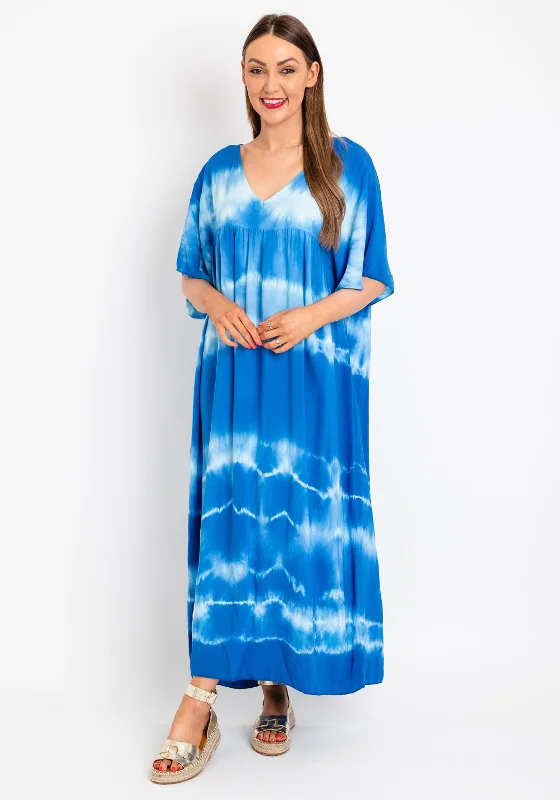 Serafina Collection One Size Tie Dye Maxi Dress, Blue Fashionable Off-Shoulder Maxi Dress