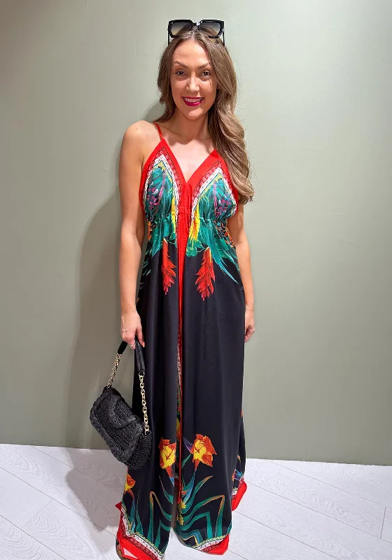 The Serafina Collection Tropical Print Maxi Dress, Black Multi Comfortable Long-Sleeve Maxi Dress