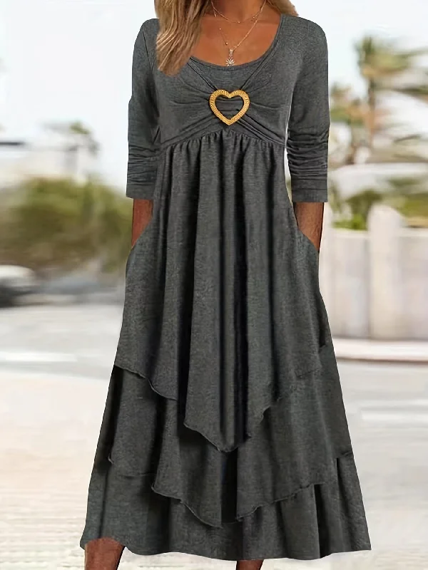 Plus Size Elegant Dress, Women's Plus Plain Long Sleeve Layered Heart Ring Decor Round Neck Maxi Dress Trendy Ruffled Maxi Dress