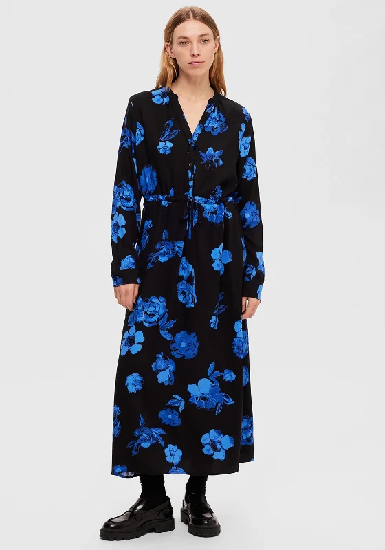 Selected Femme Katrina Floral Print Maxi Dress, Blue & Black Elegant Maxi Dress with Ruffles