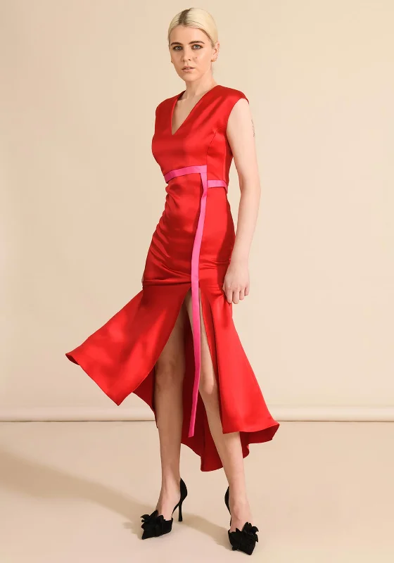 Caroline Kilkenny Max Satin Maxi Dress, Red Comfortable Ruffle Hem Maxi Dress