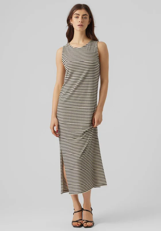 Vero Moda Fiona Strip Print Maxi Dress, Ibiza Black & Birch Comfortable Ruffle Maxi Dress