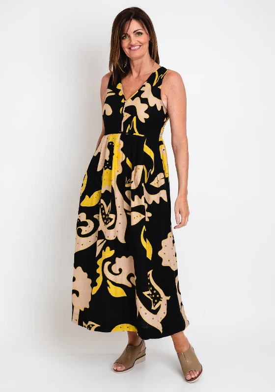 White Stuff Gigi Print Linen Blend Maxi Dress, Black & Yellow Fashionable Halter Neck Maxi Dress