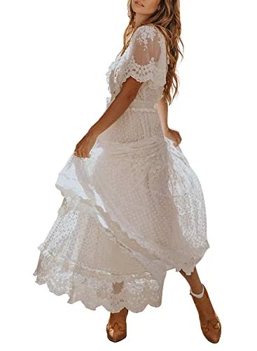 Women's V Neck Button Down Floral Lace Maxi Dress Casual Short Stylish Maxi Dress with Frills