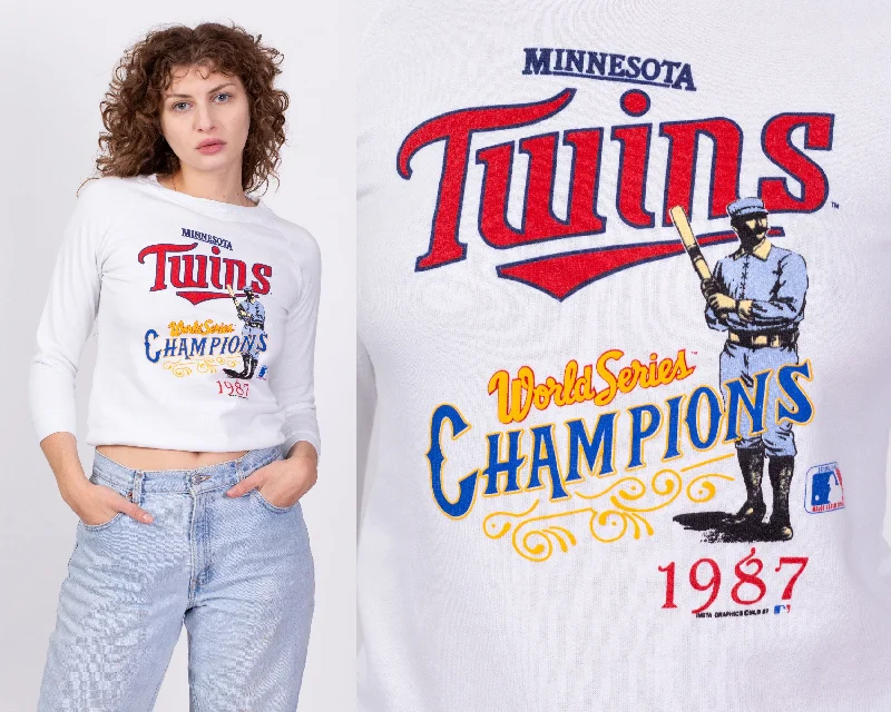 1987 Minnesota Twins World Series Sweatshirt - Petite Extra Small Hoodie with Hem Ribbing Snug Secure