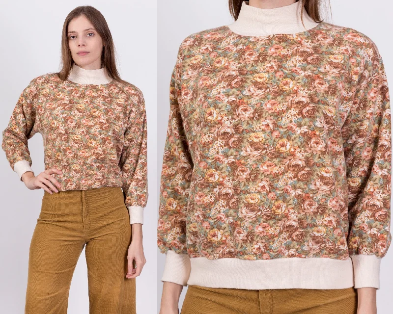 80s Floral Mockneck Sweatshirt - Large Hoodie with Drop Shoulder Relaxed Streetwear