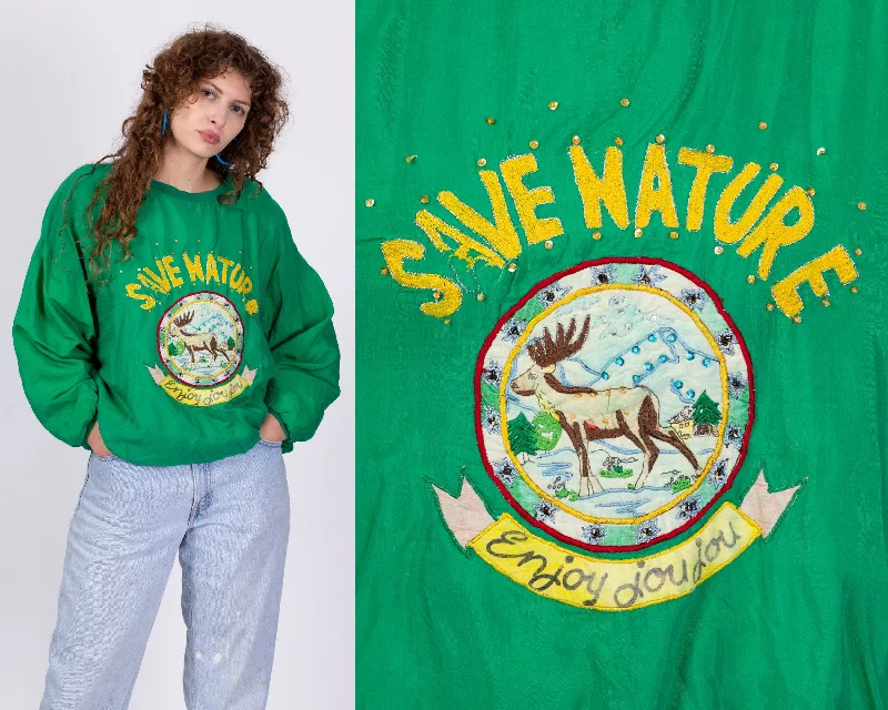 80s Green "Save Nature" Puffy Sweatshirt - One Size Hoodie Crop Top Short Trendy