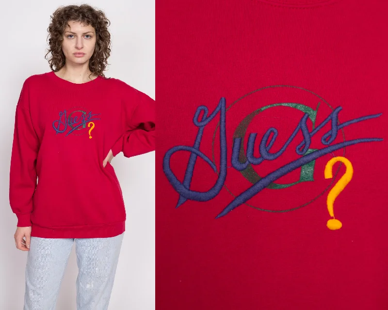 90s Guess ? Red Sweatshirt - One Size Hoodie with Ribbed Neckline Snug Warm