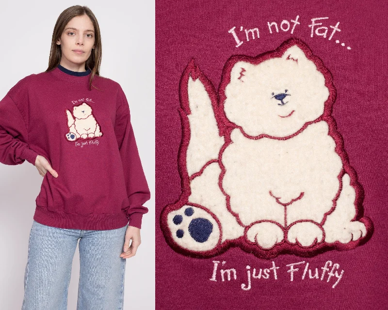 90s "I'm Not Fat I'm Just Fluffy" Cat Sweatshirt - Large Hoodie with Zipper Versatile Modern