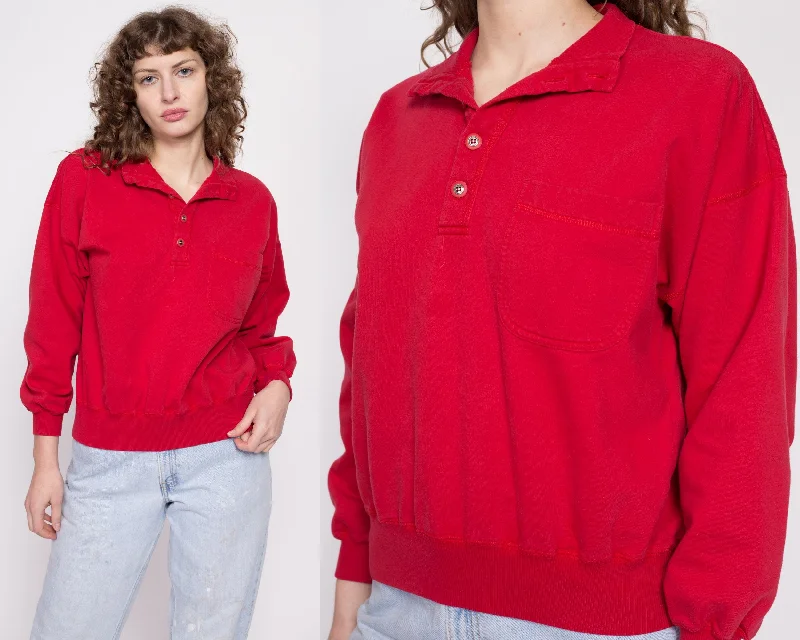 90s Lizwear Red Cropped Collared Sweatshirt - Medium Hoodie with Frayed Bohemian Relaxed