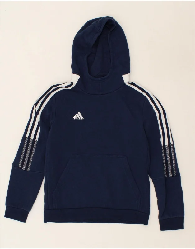 ADIDAS Boys Hoodie Jumper 11-12 Years Navy Blue Cotton Hoodie with Hood Adjustable Protection