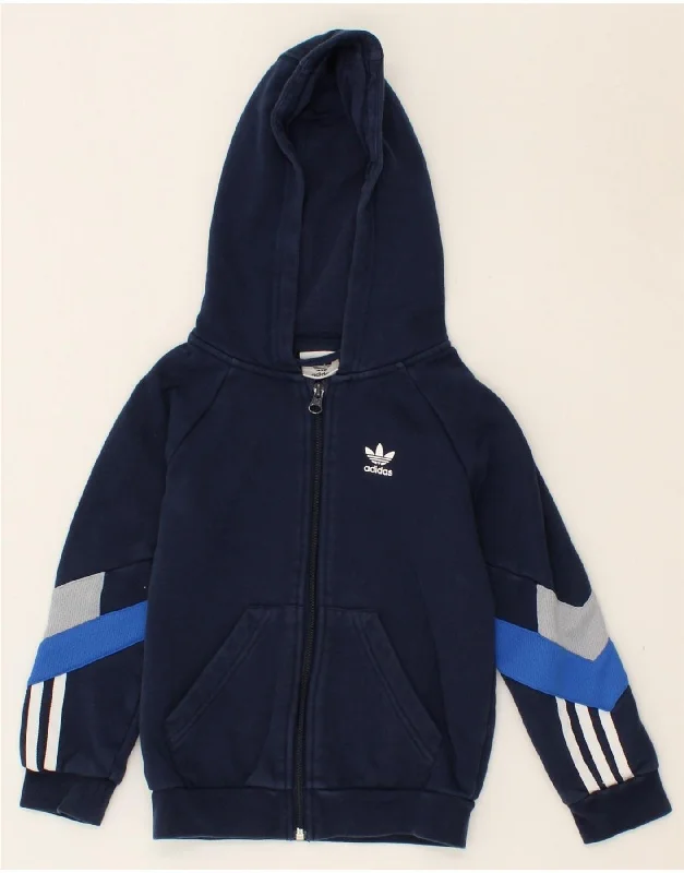 ADIDAS Boys Zip Hoodie Sweater 5-6 Years Navy Blue Colourblock Cotton Hoodie with Illustration Artistic Creative