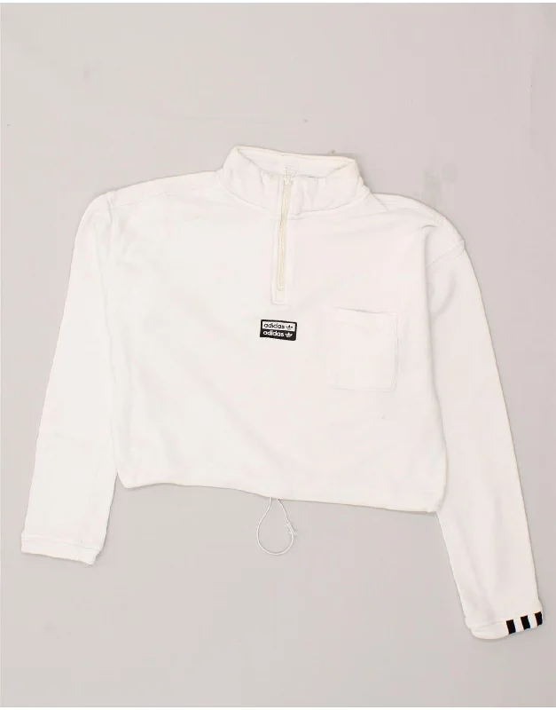 ADIDAS Womens Crop Zip Neck Sweatshirt Jumper UK 12 Medium White Cotton Hoodie with Drawcord Adjustable Secure