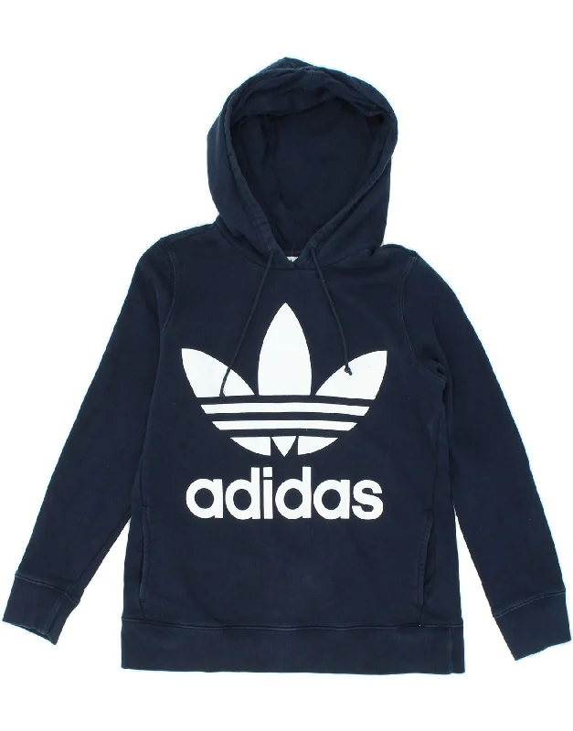 ADIDAS Womens Graphic Hoodie Jumper UK 16 Large Navy Blue Cotton Hoodie with Set-In Sleeves Structured Classic