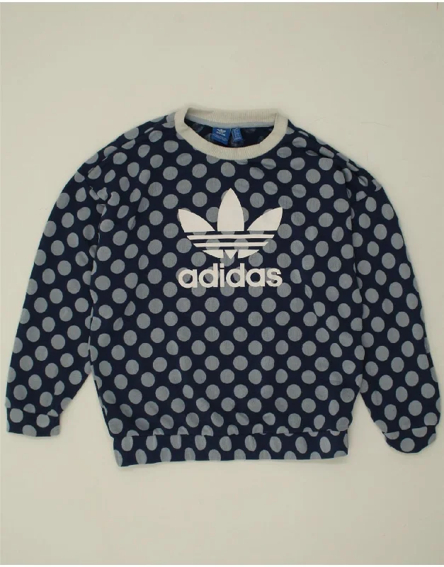 ADIDAS Womens Graphic Sweatshirt Jumper UK 12 Medium Blue Polka Dot Hoodie with Distressed Vintage Worn