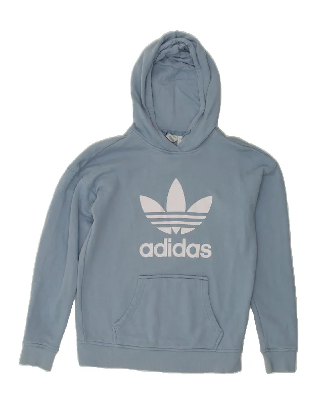 ADIDAS Womens Oversized Graphic Hoodie Jumper UK 4 XS  Blue Cotton Hoodie with Typography Text Message