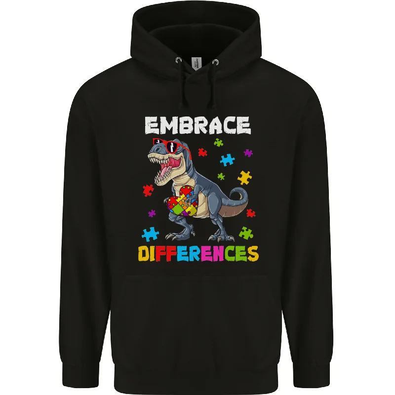 Autism T-Rex Embrace Differences Autistic Mens 80% Cotton Hoodie Hoodie with Side Slits Relaxed Casual