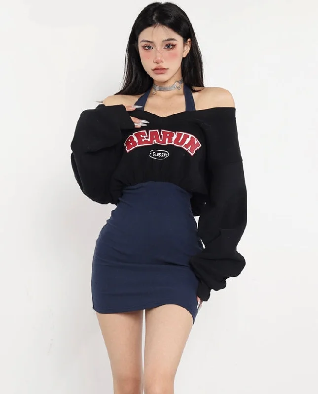 BEARUN Letter Embroidery Black V-Neck Long Sleeve Cropped Sweatshirt Dark Blue Halter Slim Mini Dress Set Hoodie with Hem Lace Feminine Delicate