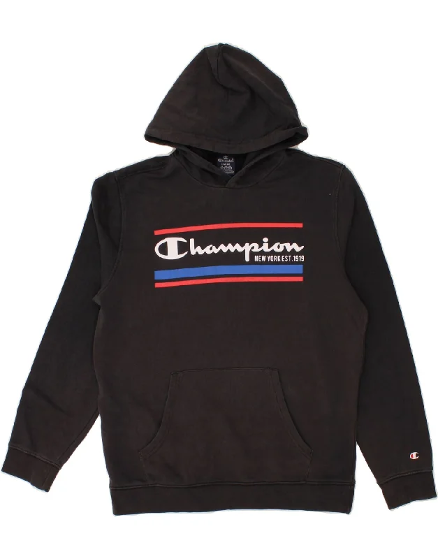 CHAMPION Mens Graphic Hoodie Jumper Large Black Cotton Hoodie with Elastic Waist Stretchable Comfortable