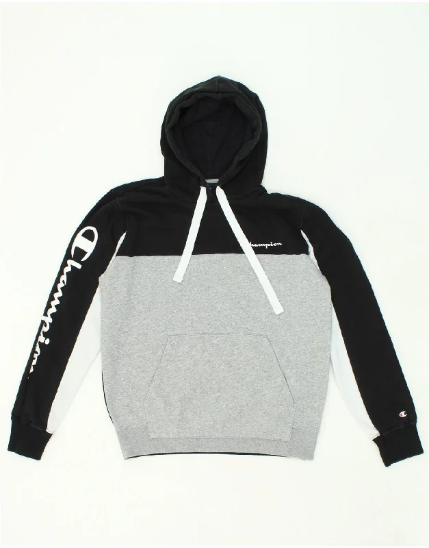 CHAMPION Mens Graphic Hoodie Jumper Large Grey Colourblock Cotton Hoodie with Sequins Glamorous Eye-catching