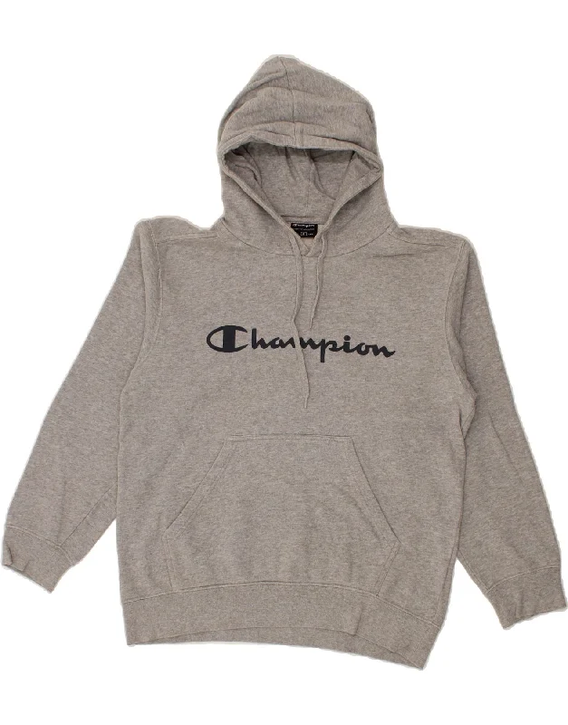 CHAMPION Mens Graphic Hoodie Jumper Medium Grey Cotton Hoodie with Ribbed Neckline Snug Warm