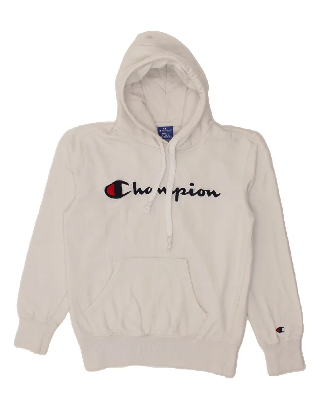 CHAMPION Mens Graphic Hoodie Jumper Small White Cotton Hoodie with Color Block Contrast Stylish