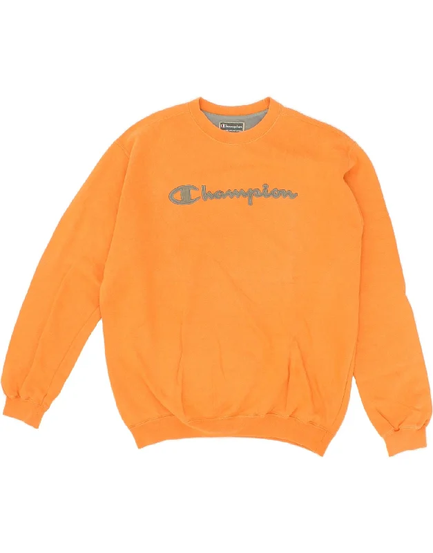 CHAMPION Mens Graphic Sweatshirt Jumper Large Orange Cotton Hoodie with Lining Warm Insulated