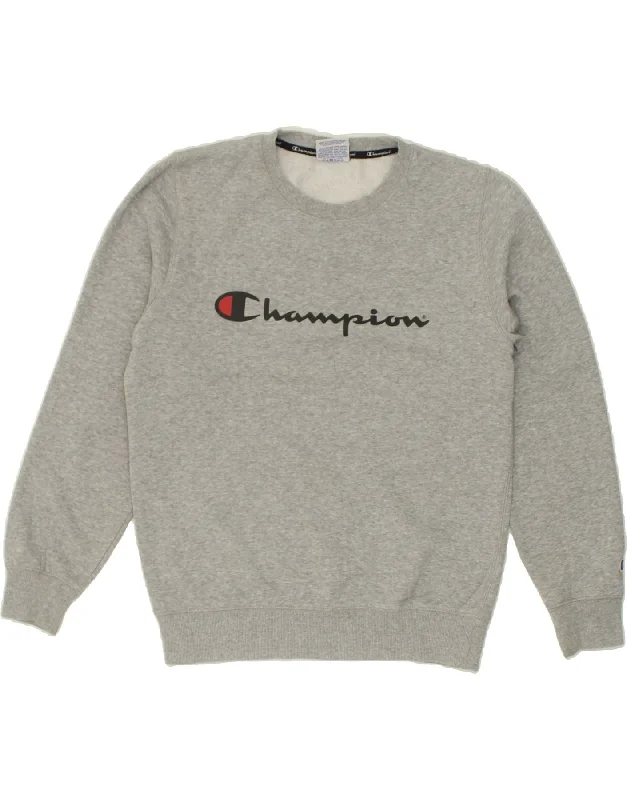 CHAMPION Mens Graphic Sweatshirt Jumper Small Grey Cotton Hoodie with Neon Bright Vibrant