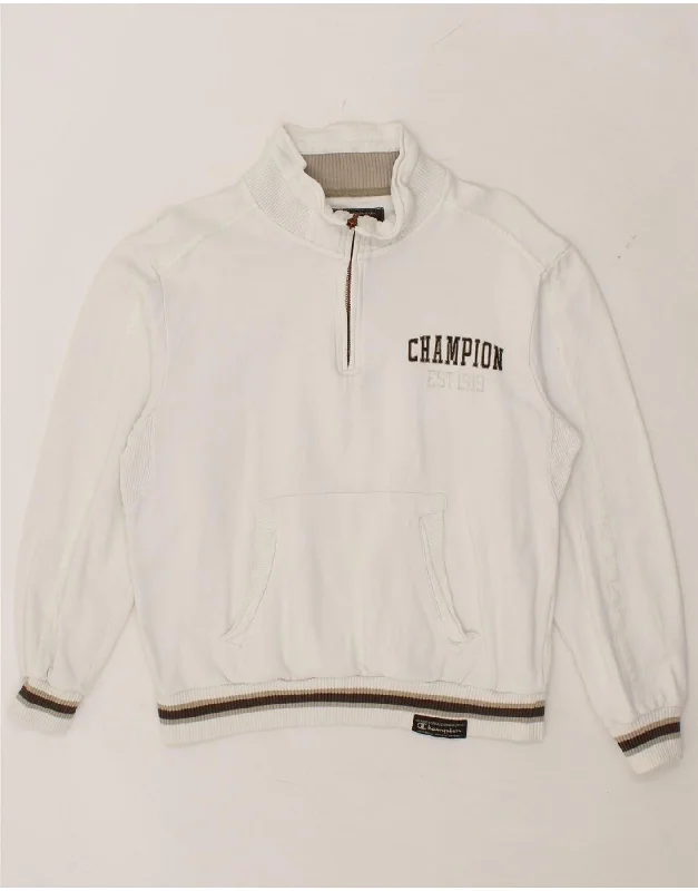 CHAMPION Mens Zip Neck Sweatshirt Jumper Medium White Cotton Hoodie with Hem Lace Feminine Delicate