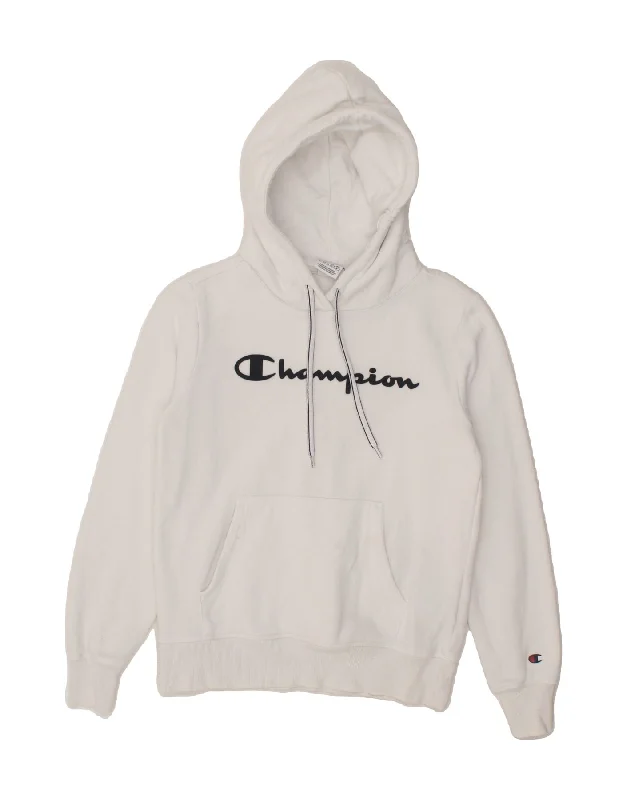 CHAMPION Womens Graphic Hoodie Jumper UK 10 Small White Cotton Hoodie with Pocket Utility Practical