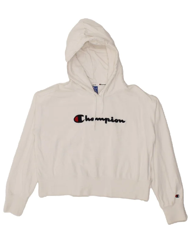 CHAMPION Womens Graphic Hoodie Jumper UK 18 XL White Cotton Hoodie with Frayed Bohemian Relaxed