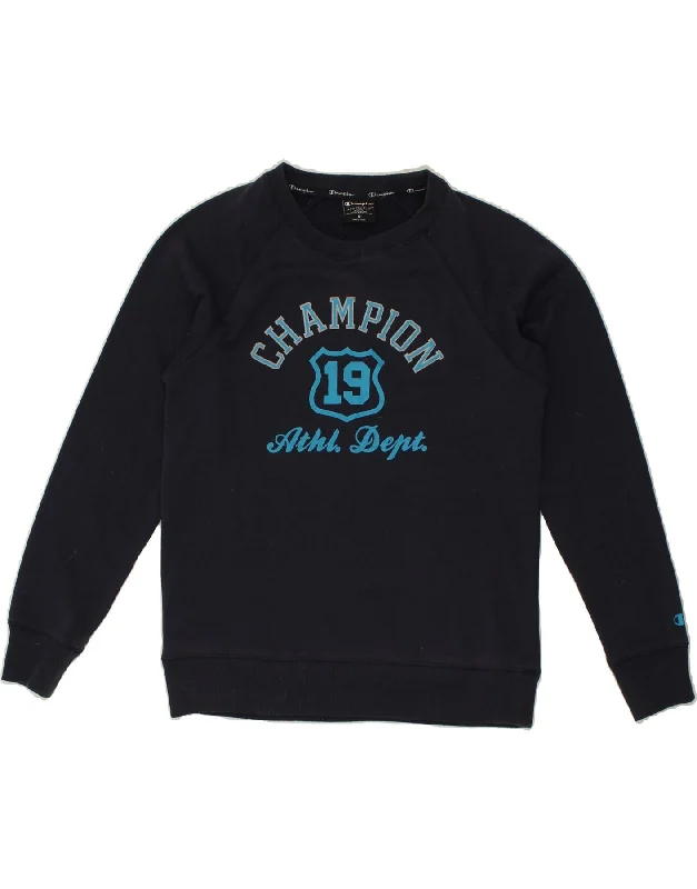 CHAMPION Womens Graphic Sweatshirt Jumper UK 12 Medium Navy Blue Cotton Hoodie with Hem Frayed Vintage Worn