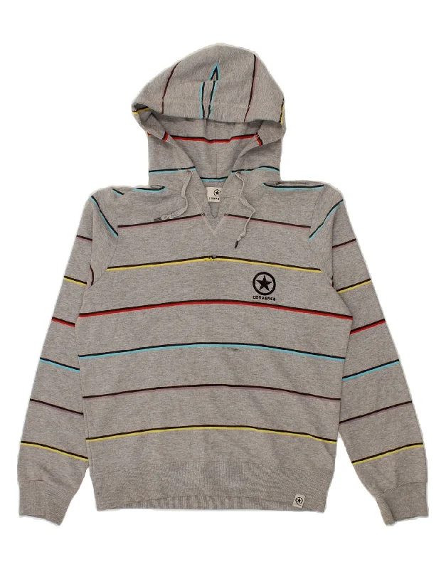 CONVERSE Mens Hoodie Jumper Medium Grey Striped Cotton Hoodie with Batwing Sleeves Loose Dramatic