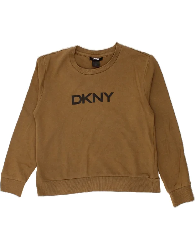 DKNY Womens Graphic Sweatshirt Jumper UK 14 Medium Brown Cotton Hoodie with Velcro Closure Adjustable Secure