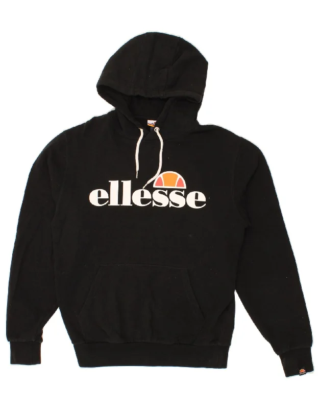 ELLESSE Mens Graphic Hoodie Jumper Medium Black Cotton Hoodie with Monochrome Minimalist Simple