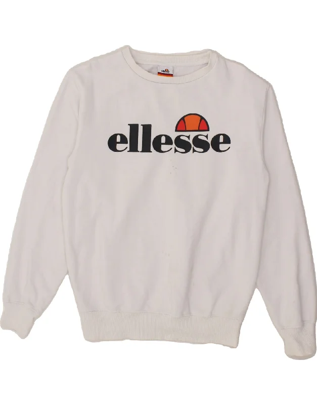 ELLESSE Womens Graphic Sweatshirt Jumper UK 10 Small White Cotton Hoodie with Batwing Sleeves Loose Dramatic