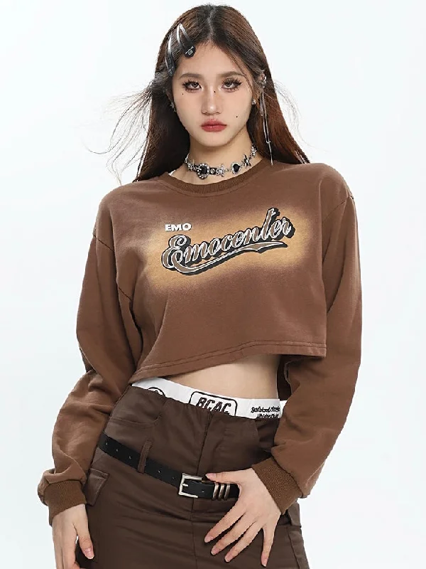 EMO Emocenter Graphic Letter Print Solid Color Long Sleeve Cropped Sweatshirt Hoodie with Toggle Buttons Decorative Unique