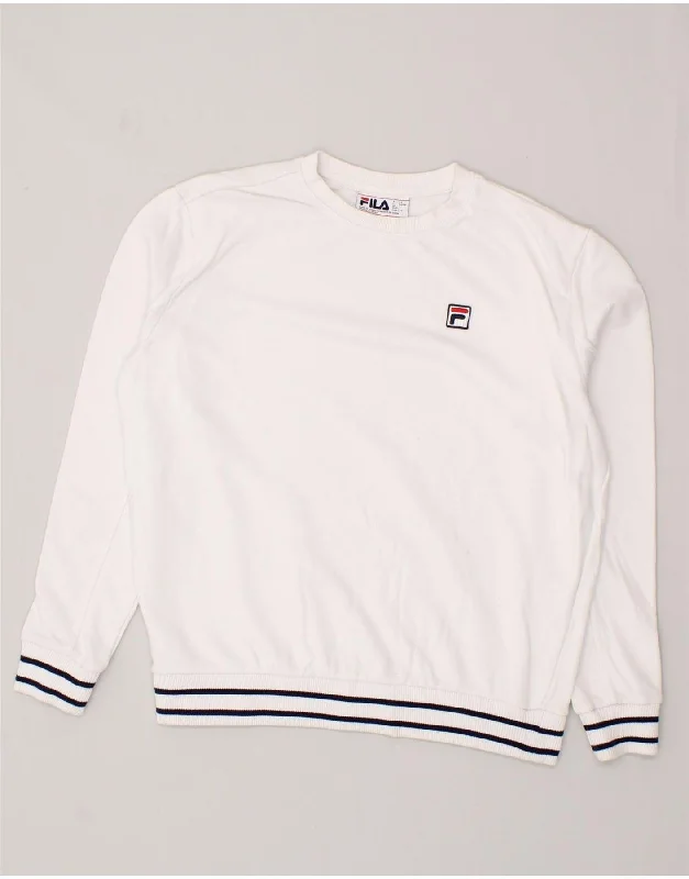 FILA Mens Sweatshirt Jumper Large White Cotton Hoodie with Hem Embroidery Detailed Premium