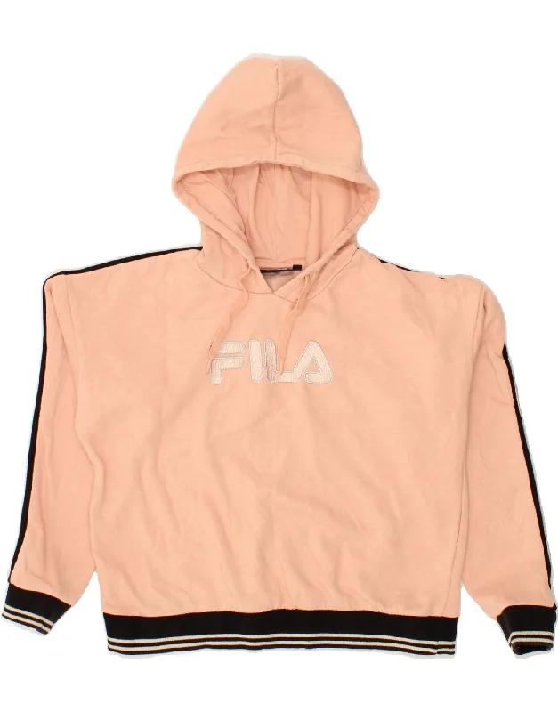 FILA Womens Graphic Hoodie Jumper UK 14 Medium Pink Cotton Hoodie with Elastic Waist Stretchable Comfortable