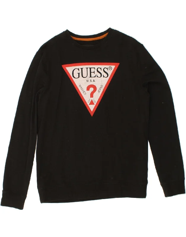 GUESS Womens Graphic Sweatshirt Jumper UK 14 Medium Black Cotton Hoodie with Side Slits Relaxed Casual