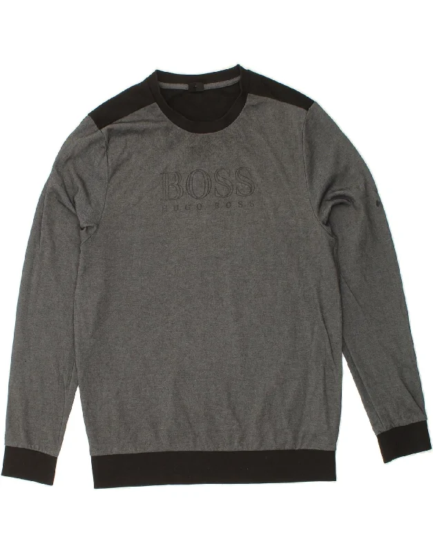 HUGO BOSS Mens Slim Graphic Sweatshirt Jumper XL Grey Colourblock Cotton Hoodie with Drop Shoulder Relaxed Streetwear