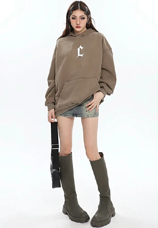 L Letter Print Solid Color Long Sleeve Hoodie Hoodie with Pocket Utility Practical