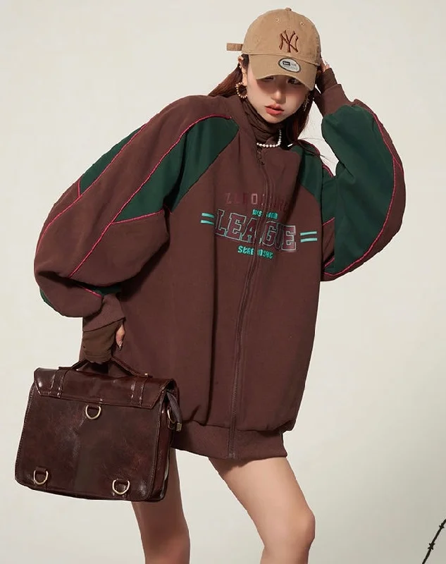 LEAGUE Letter Embroidery Long Sleeve Zip Up Sweatshirt Hoodie with Hem Patch Decorative Personalized