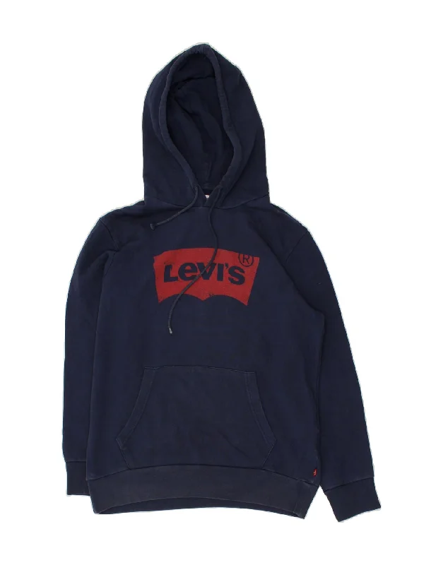 LEVI'S Mens Graphic Hoodie Jumper Small Navy Blue Cotton Hoodie with Lining Warm Insulated