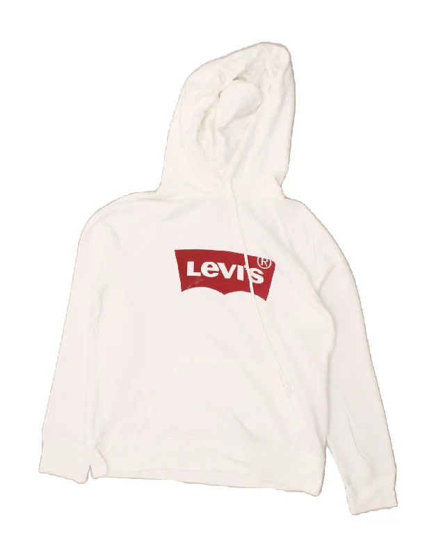 LEVI'S Womens Graphic Hoodie Jumper UK 10 Small White Cotton Hoodie with Typography Text Message